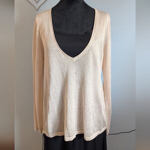 Elegant Cream/Rose Gold Deep V-Neck Sweater  (M)